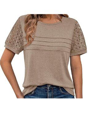 Women's Short Sleeve Lace Summer Tops Casual Dressy Size L Khaki Tan NEW